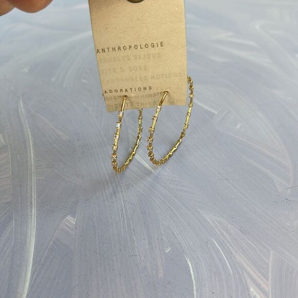 Anthropologie Pave Pattern Gold Hoops with Crystals Size Medium - Picture 4 of 8